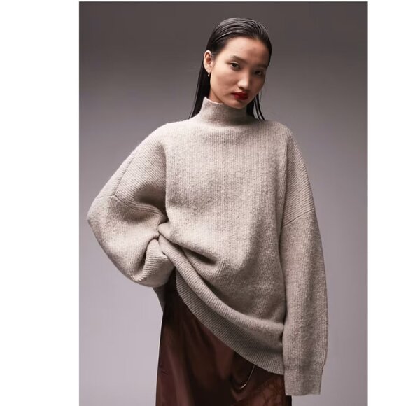 Topshop Taupe Mock Neck Oversized Ribbed Knit Sweater - Picture 1 of 3